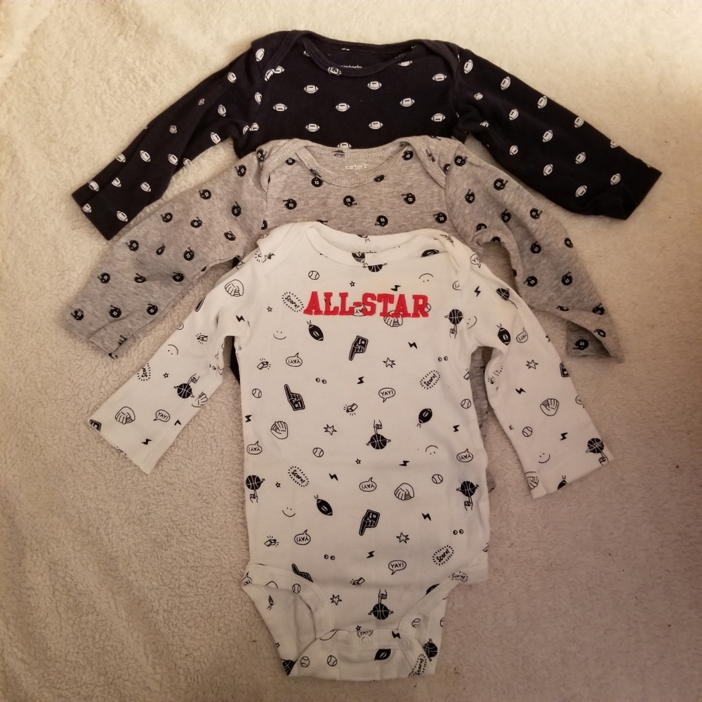 Three 6 months Sports Related Long Sleeve Onesies